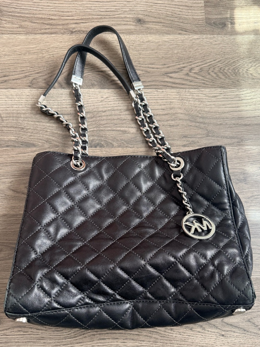 Michael Kors Quilted Black Leather Shoulder Tote with Chain-Strap
